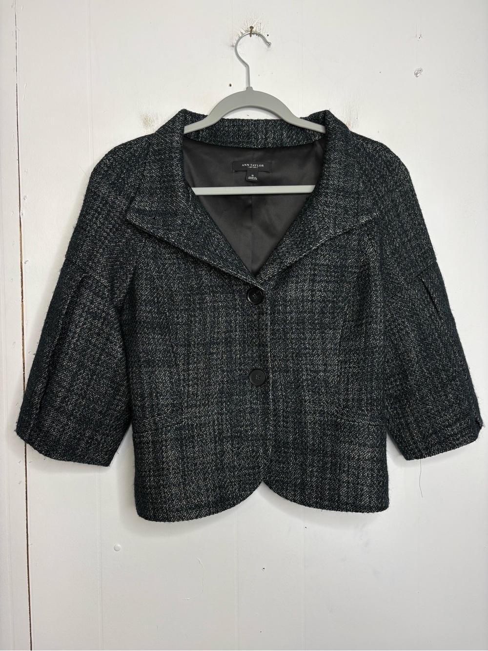 Ann Taylor Blazer Womens 6 Balloon Sleeve Career Suiting Wool Blend Tweed